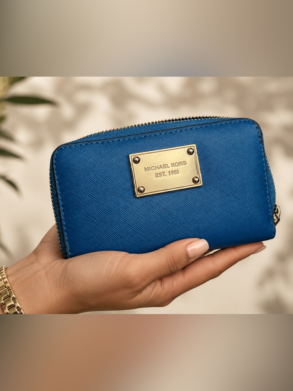 Michael Kors Teal Saffiano Zip Wallet with Gold plaque